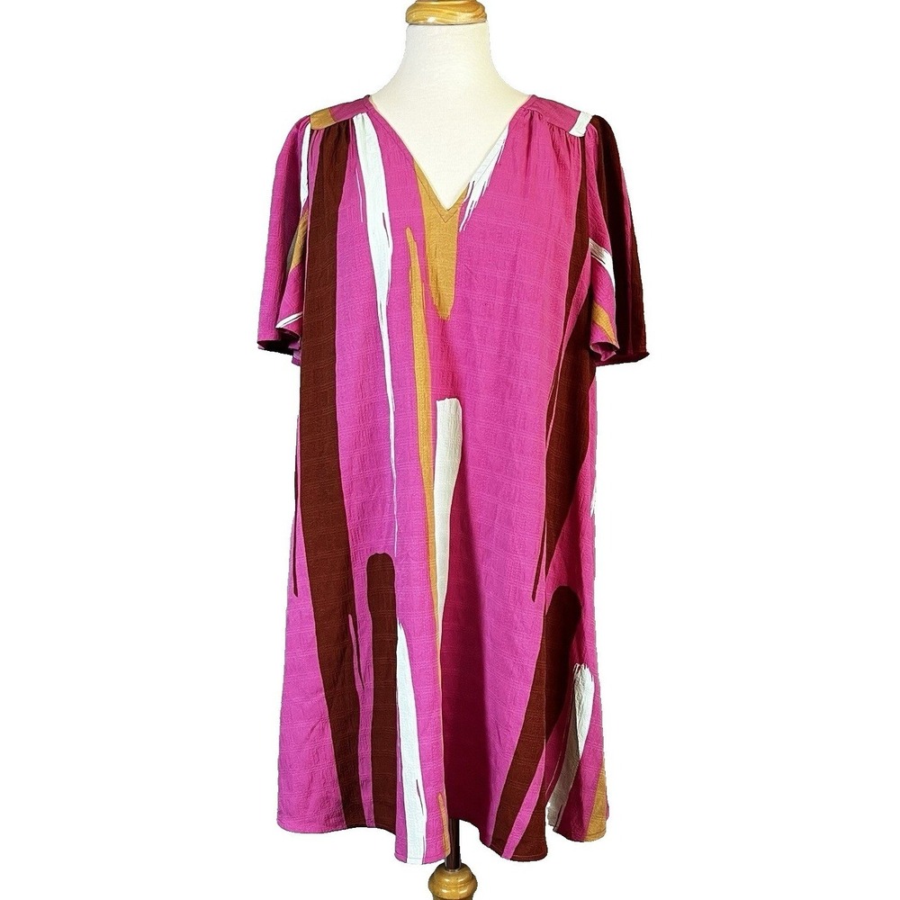 Nine West Women's Seersucker Shift Dress Pink Brown Abstract Brushstroke XL